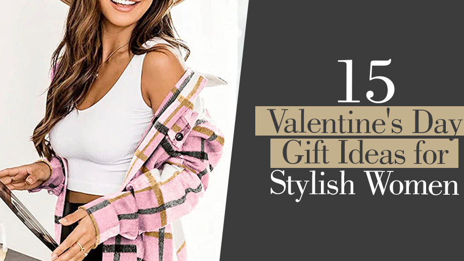 Valentine's gift guide with smiling woman holding a tablet, fashion-focused