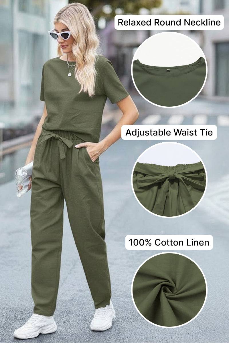 Woman wearing olive green cotton linen set with relaxed round neckline and adjustable waist tie