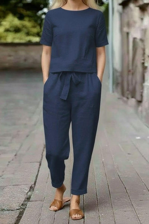 Women's navy blue relaxed fit cotton linen set with short sleeve top and straight-leg pants with drawstring waist