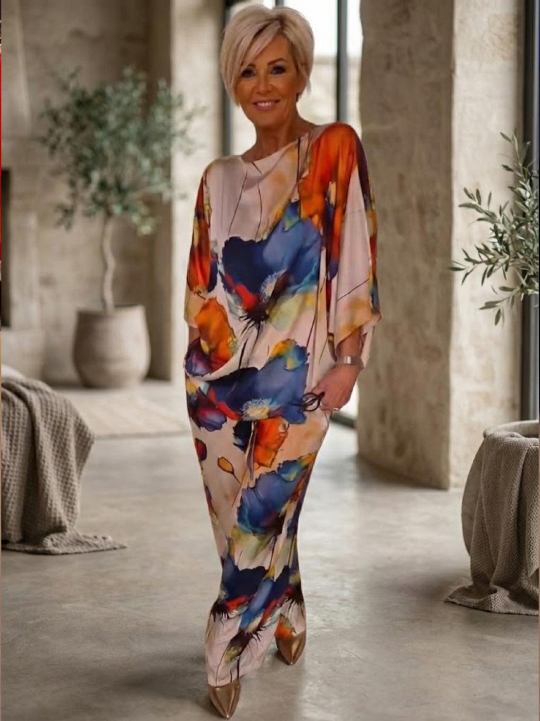 Plus size vibrant floral matching set with flowy silhouette and elastic waistband