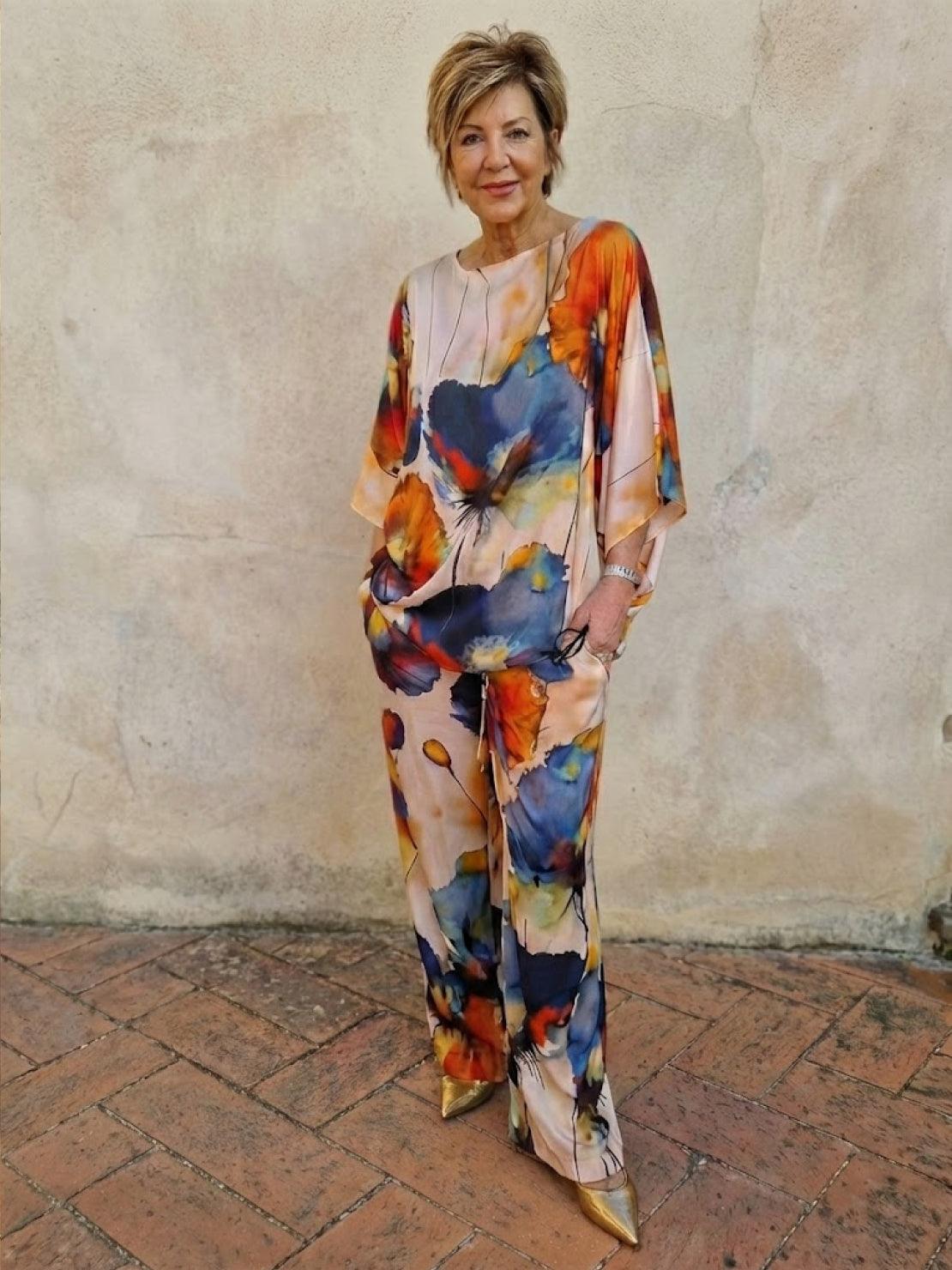 Plus size vibrant floral matching set in soft, breathable fabric with flowy silhouette