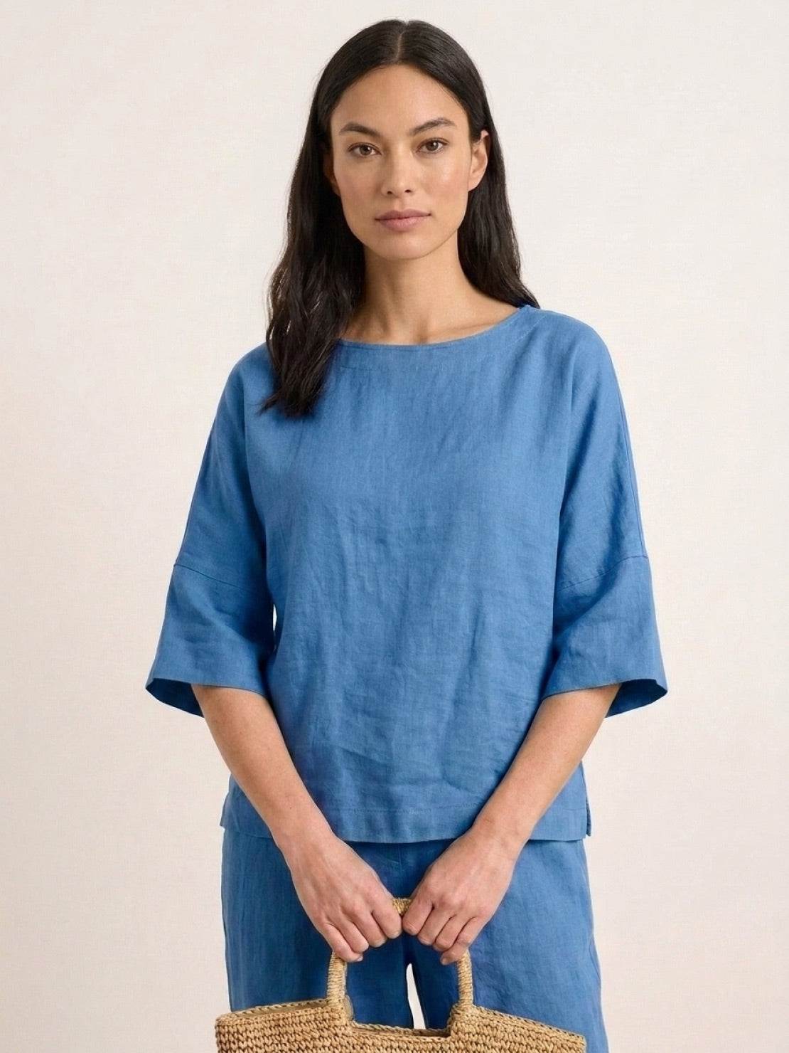 Batwing Leisure Co-Ord featuring boxy crop top with 3/4 sleeves and high-waisted tapered pants with rolled cuffs