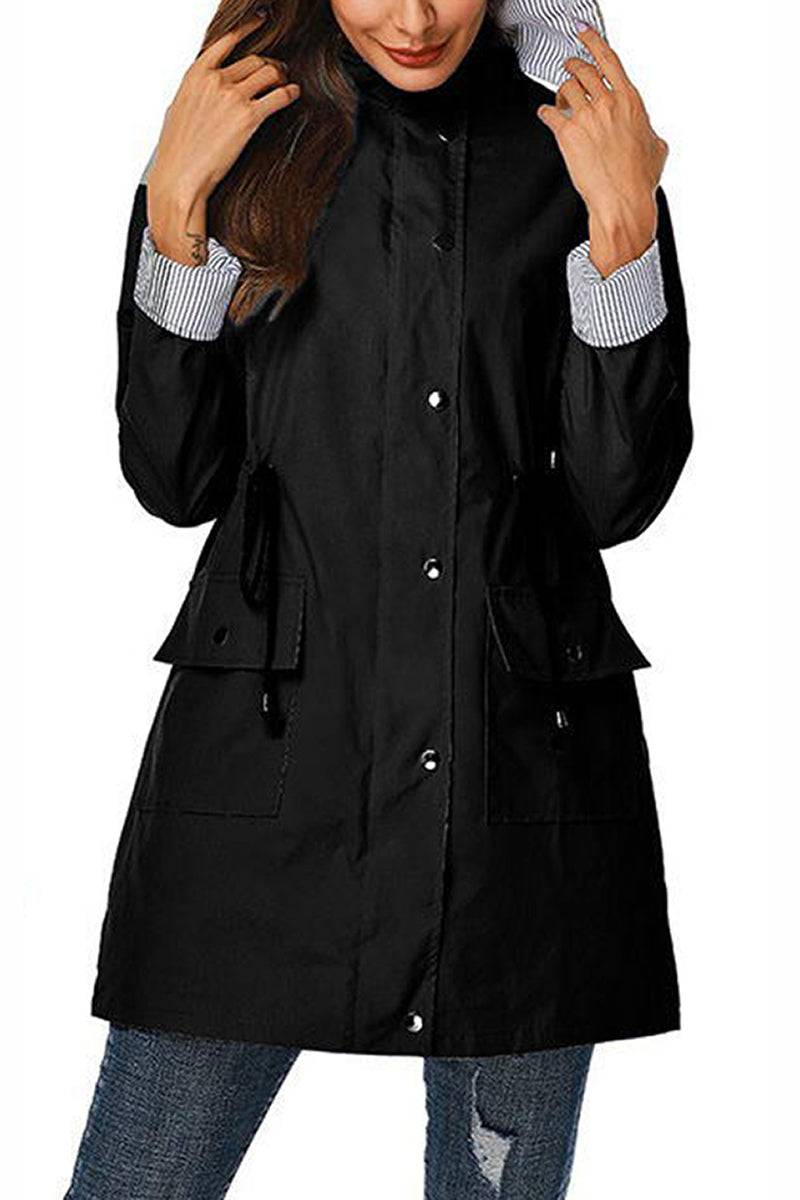 Women’s water resistant hooded striped windbreaker rain jacket with pockets and adjustable waist
