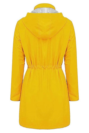 Back view of yellow water resistant hooded striped windbreaker rain jacket for women with adjustable waist cinch.
