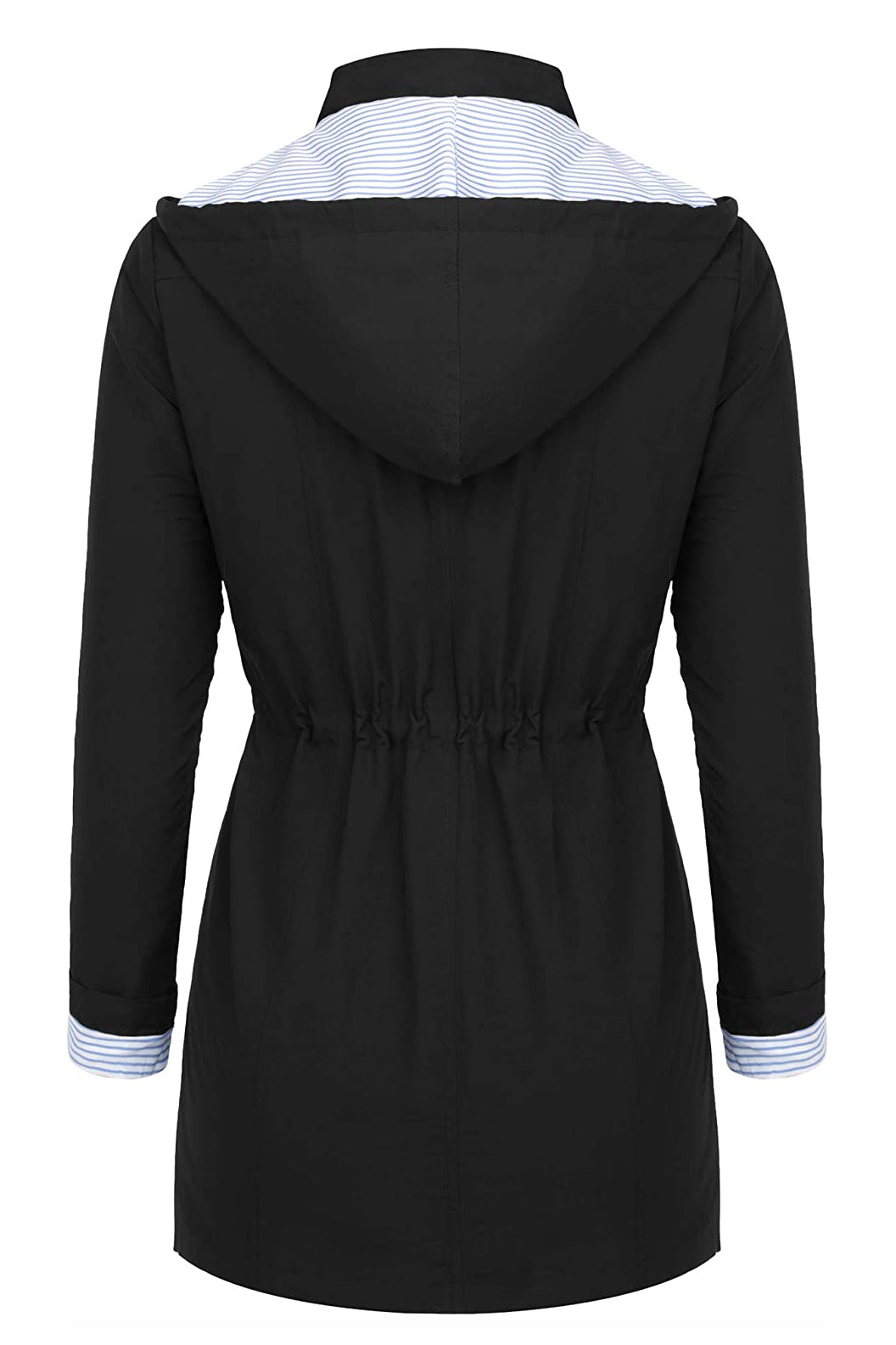 Back view of women's water resistant windbreaker jacket with hood and striped inner lining in Halloween collection