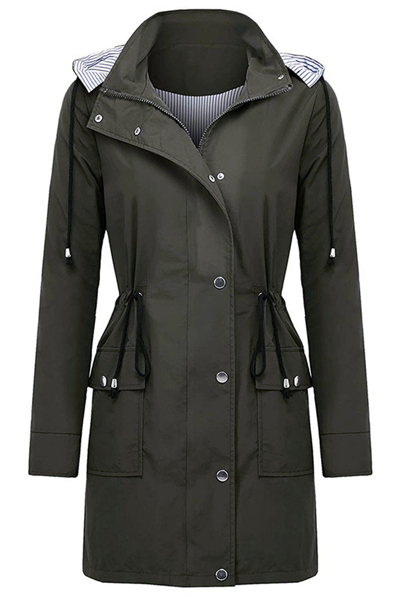 Women's long water resistant windbreaker jacket with hood and striped lining
