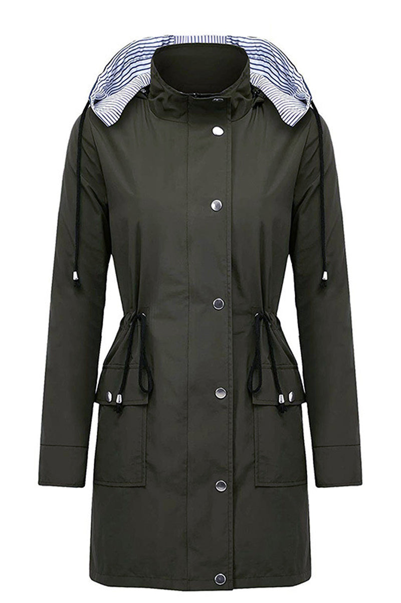 Women's water resistant hooded striped windbreaker rain jacket with oversized fit and multiple pockets