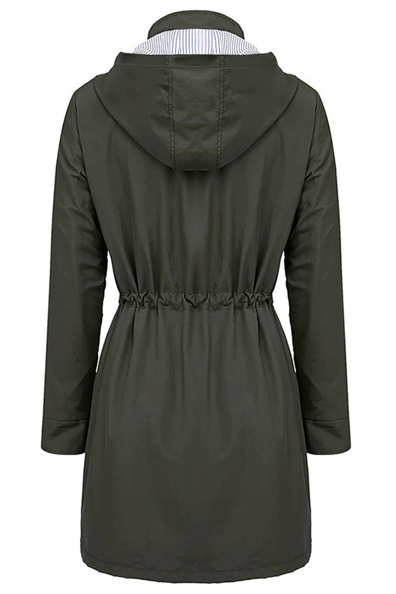 Back view of women's water resistant hooded striped windbreaker with adjustable waist and long sleeves