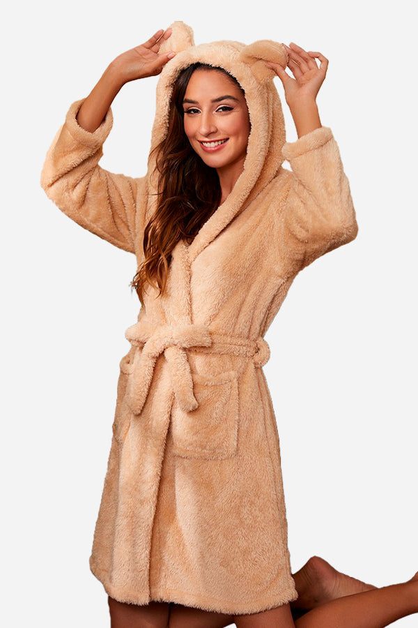 Woman wearing beige premium comfort nightgown bathrobe with hood and ears, belted waist, and front pockets