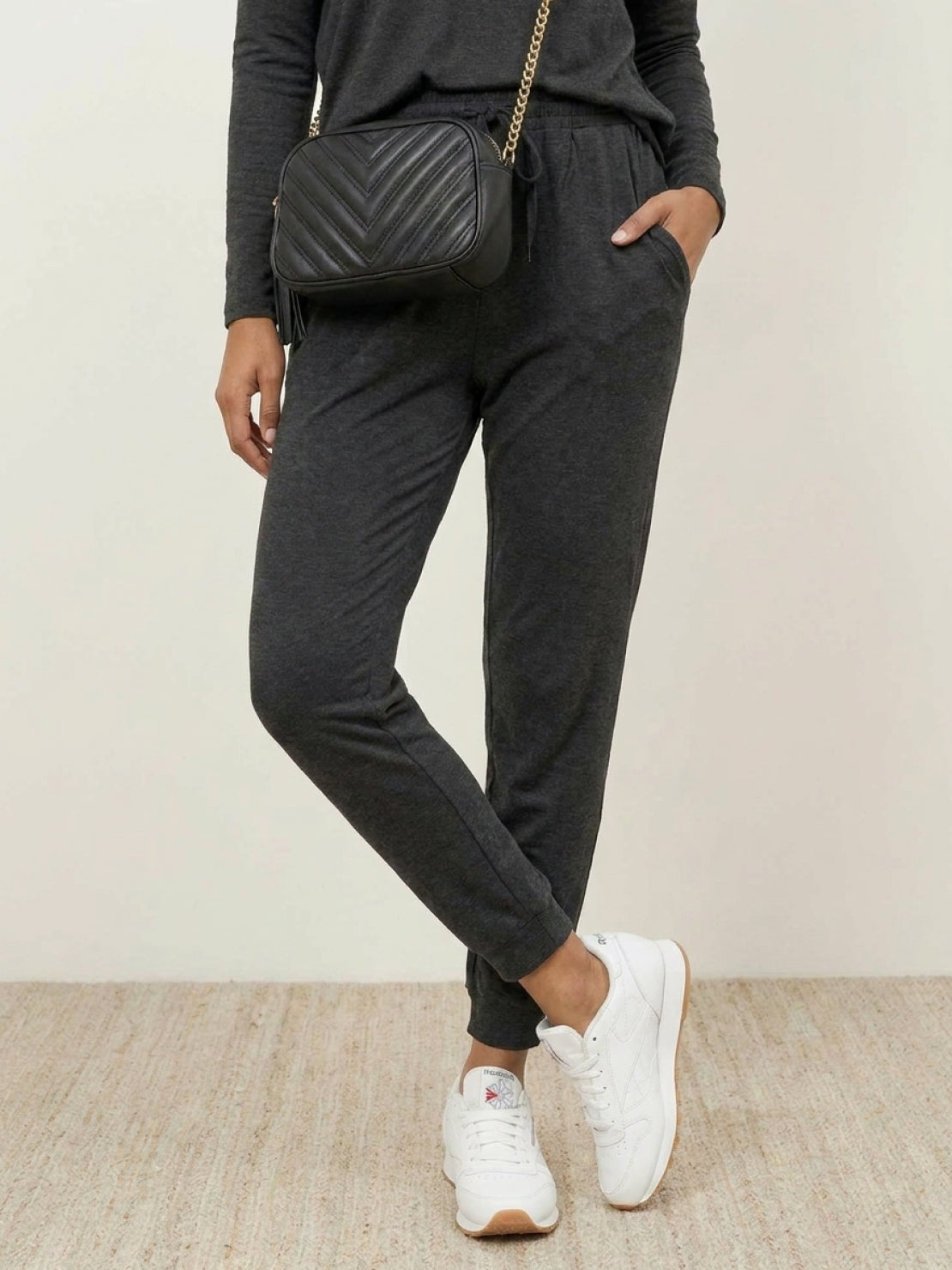 Cozy Chic Two-Piece Sweatsuit set with long-sleeve top and high-waisted pants with pockets in lightweight fabric
