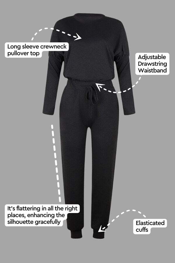 woman wearing cozy chic two-piece sweatsuit set with long-sleeve top and high-waisted pants with pockets