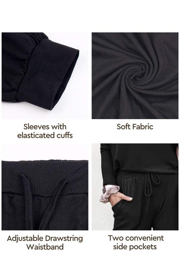 Woman wearing cozy chic two-piece sweatsuit set with long-sleeve top and high-waisted pants with pockets