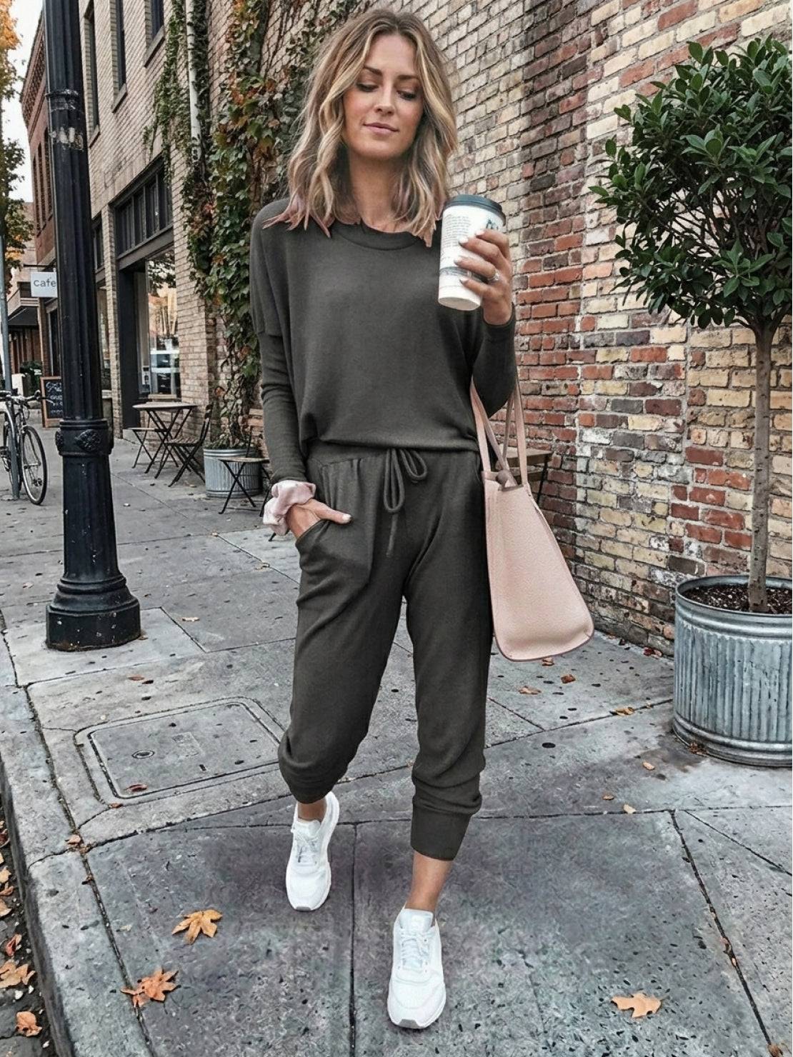 Cozy Chic Two-Piece Sweatsuit Set with long-sleeve top and high-waisted pants in soft, lightweight fabric