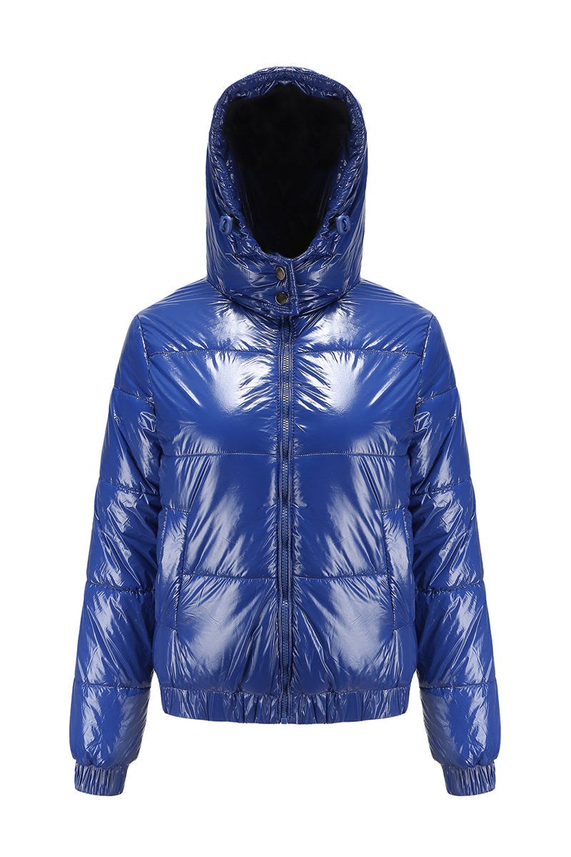 Blue reflective anti-splash slim fit puffer jacket with undetachable hood and water-resistant fabric