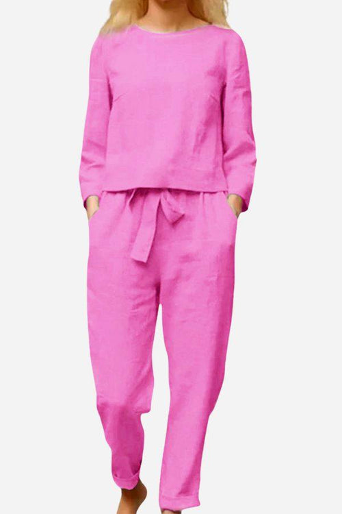 100% cotton linen two-piece women's outfit in bright pink with long sleeves and tied waist pants