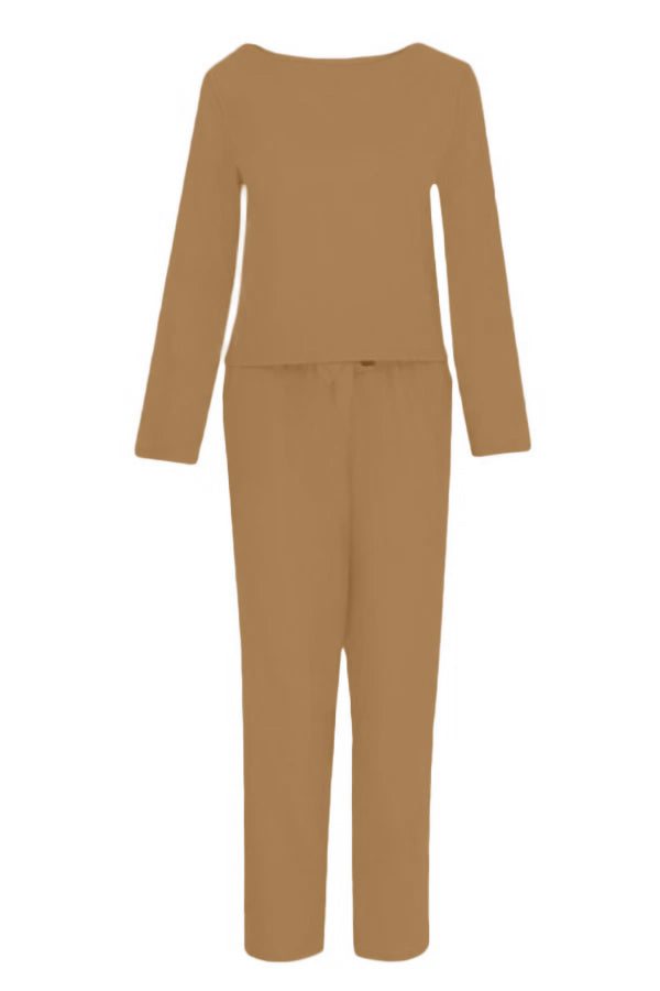 Retro monochrome linen two-piece set with long sleeves and pants in breathable soft fabric