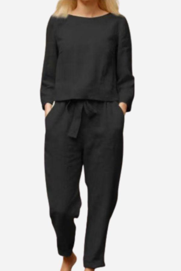 Retro Monochrome Linen two-piece set with long sleeve top and wide-leg pants in black cotton-linen blend.