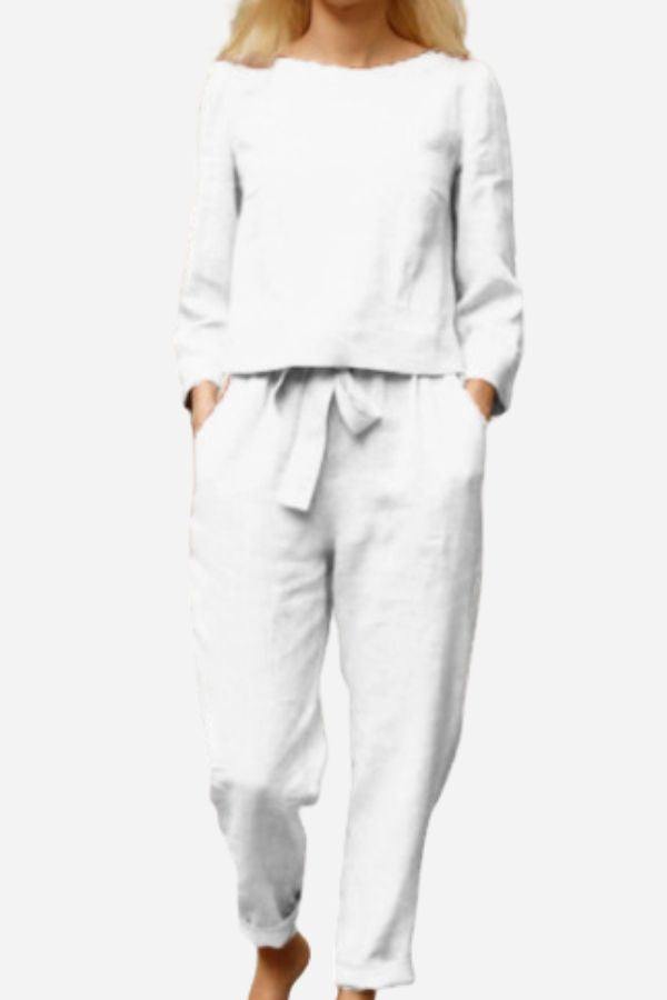 Retro monochrome linen two-piece set with breathable cotton blend, featuring a sleek minimalist design and comfortable fit.