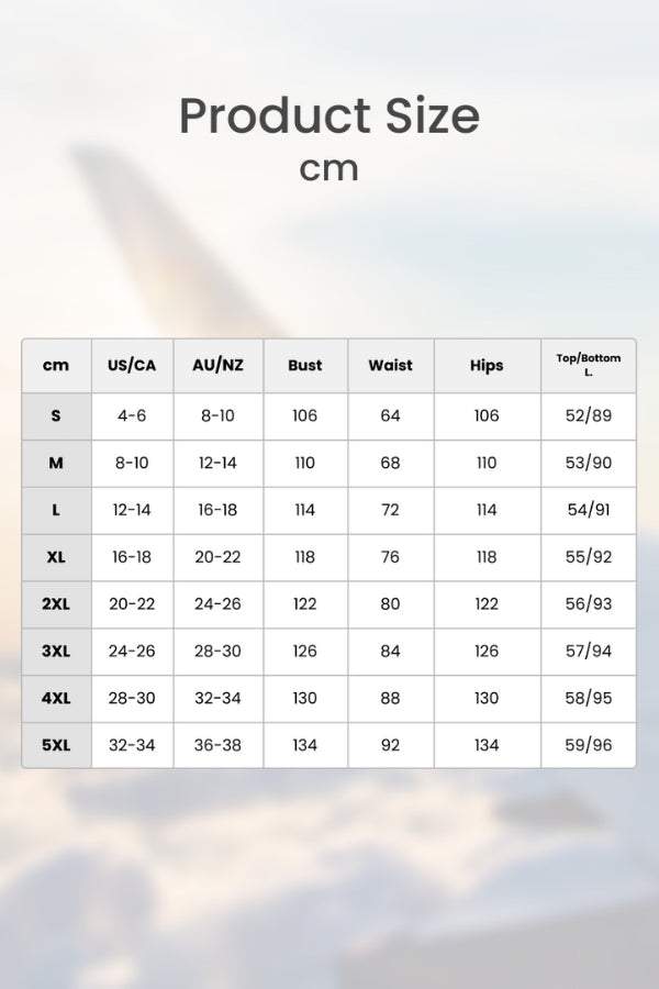 Loose solid color two-piece set size chart with bust, waist, hips, and top/bottom length measurements in cm.