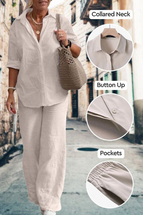 Woman wearing relaxed shirt and trousers two-piece set with collared neck, button-up front, and elastic waist pockets