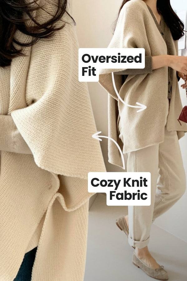 Relaxed flowy open front knitwear cardigan with oversized fit and cozy knit fabric in beige.
