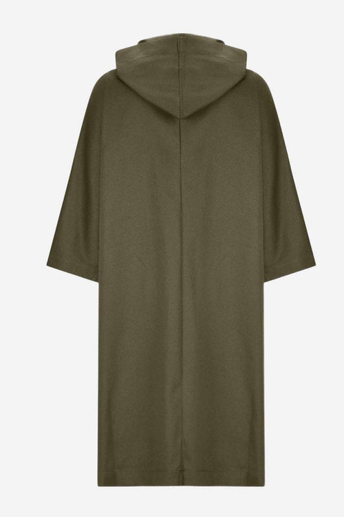 Olive green oversized water resistant windbreaker jacket with hood, loose fit and long sleeves.