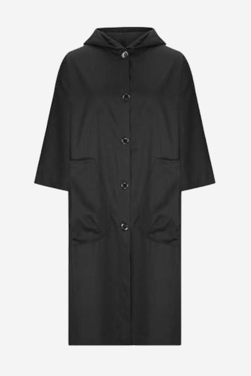 Black oversized water resistant windbreaker jacket with hood and button closure