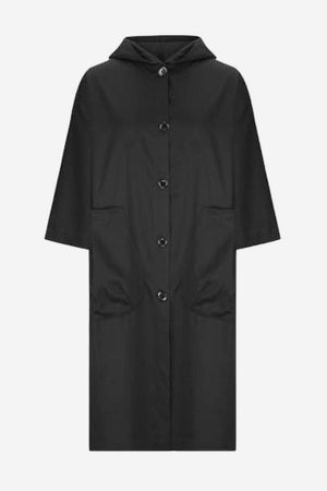 Black oversized water resistant windbreaker jacket with hood and button closure
