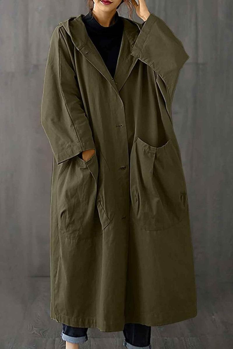 Oversized olive green water resistant windbreaker jacket with hood and pockets