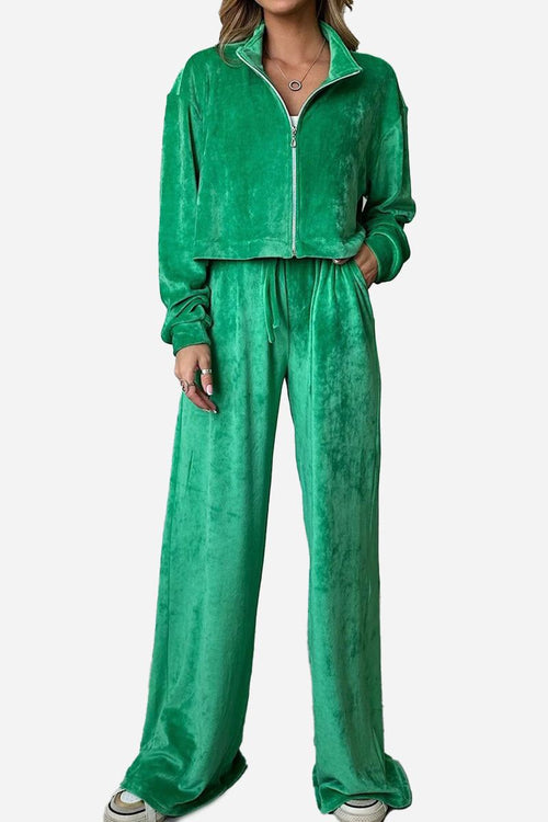 Green zip up velour cropped sweatshirt and wide leg pants leisure two-piece co-ord set for casual wear