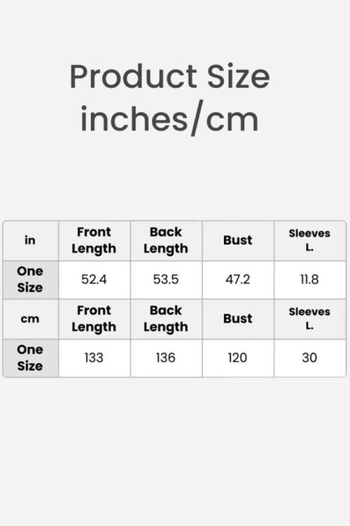 Full-length button-down beach cover-up size chart with measurements in inches and centimeters including front length, back length, bust, and sleeves length.