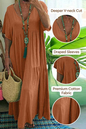 Orange V-neck two-tiered maxi swing dress with draped sleeves made from premium cotton fabric