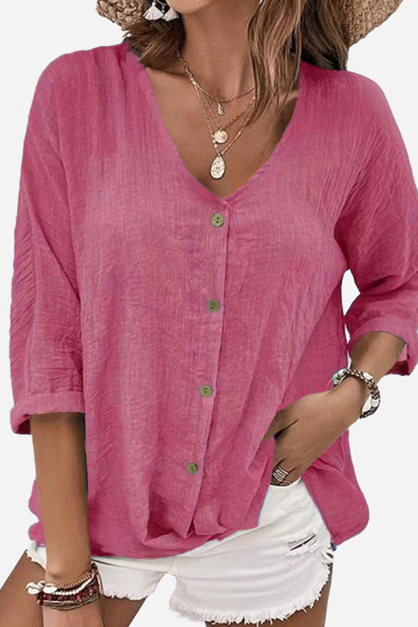 Women's pink bohemian button front tunic with rolled sleeves and V-neckline