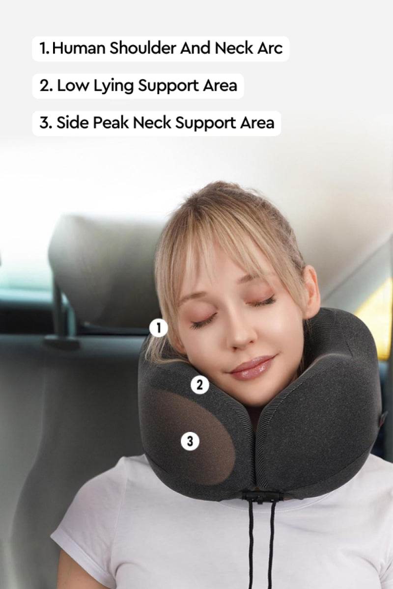 Woman wearing memory foam neck pillow from Travel Comfy Kit showing ergonomic support areas for neck and shoulders