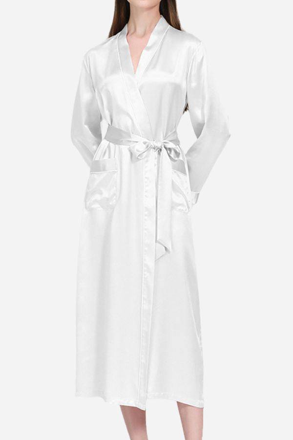100% mulberry silk belted classy white nightgown for women