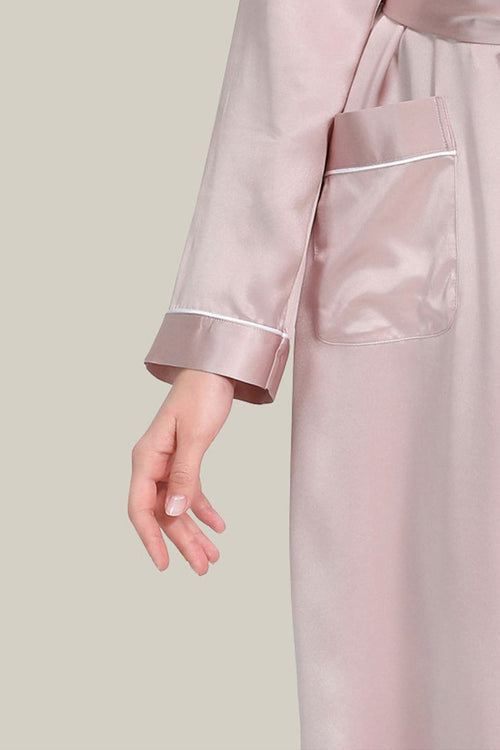 close-up of sleeve and pocket detail on pink Mulberry Silk Nightgown with sash belt