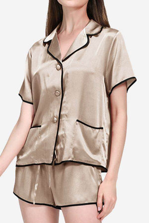 Women's Mulberry Silk Hemd short sleeve pajama set with black trim