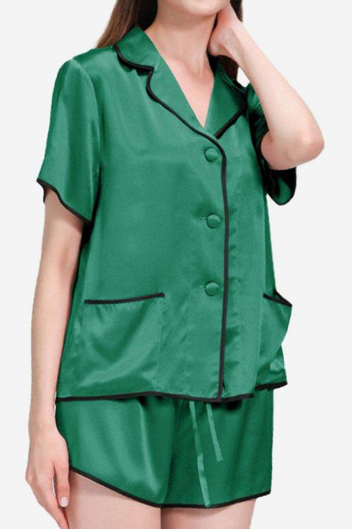 Green mulberry silk hemd trimmed short sleeve pajama set with black hems and shorts