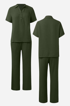 Olive green breathable linen-look set with short sleeve top and wide-leg pants, stylish and comfortable loungewear for home and beyond