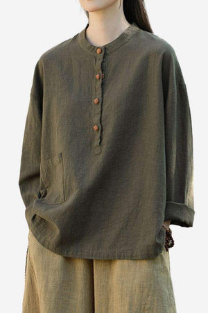 One size fits all ramie linen & cotton blouse with long sleeves and front buttons in olive green color