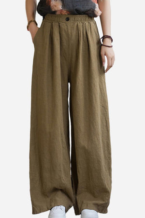 Women's olive sandwashed ramie linen wide-leg pants with elastic waistband and button closure