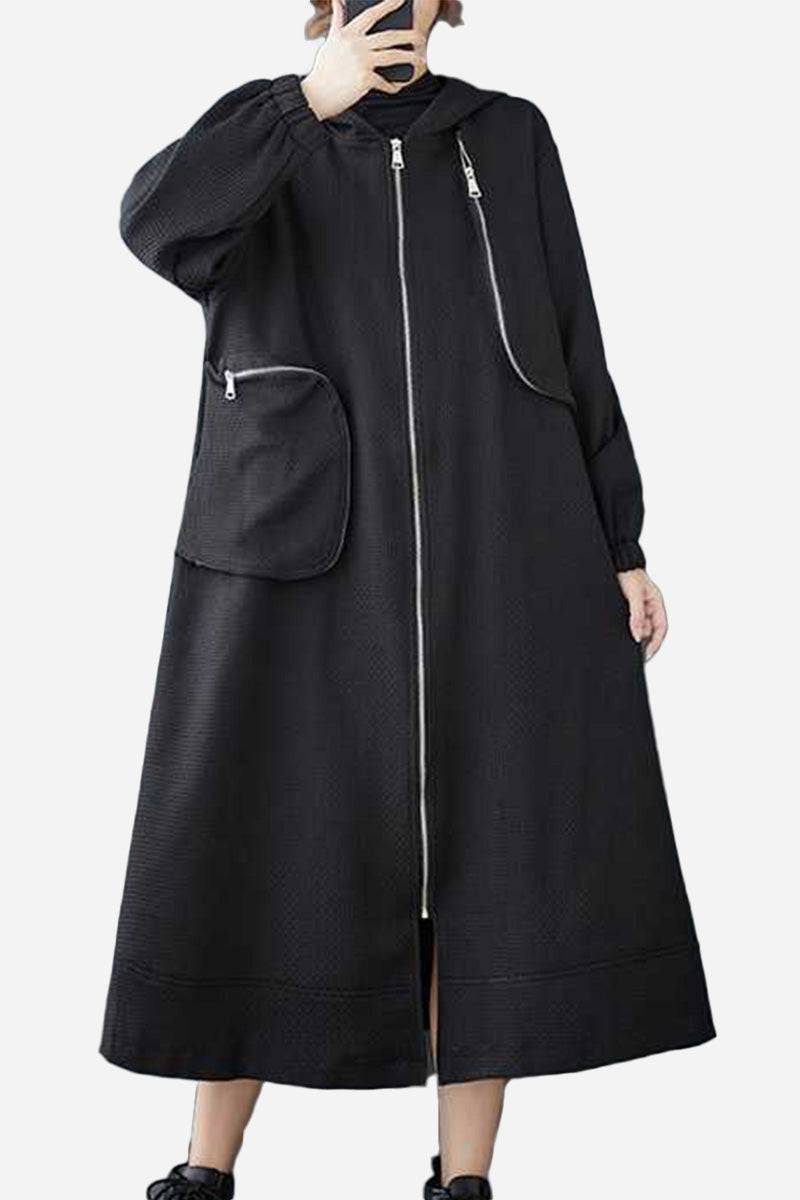 Black ZipLine Oversized Long Coat with large zippered pockets and A-line silhouette, lightweight waffle-textured fabric, one size fits all.
