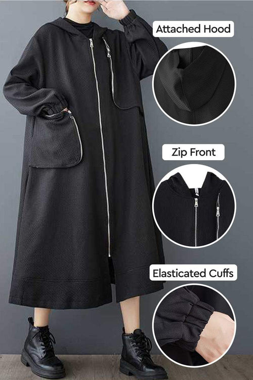 ZipLine Oversized Long Coat black waffle fabric long travel-friendly coat with attached hood zip front and elasticated cuffs