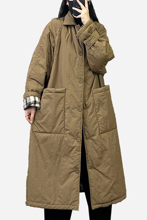 Plus size oversized windbreaker parka long brown with large pockets and button closure