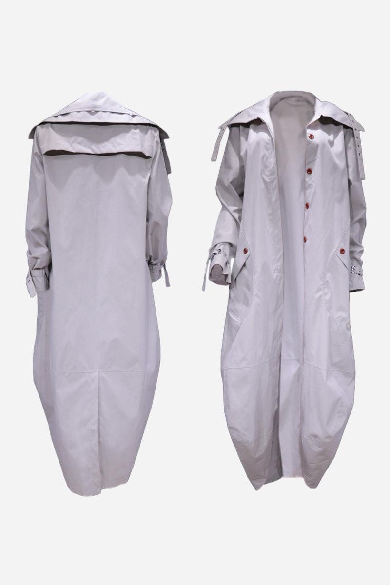 Minimalist hooded coat with oversized fit in light grey, front button closure and long sleeves, front and back views