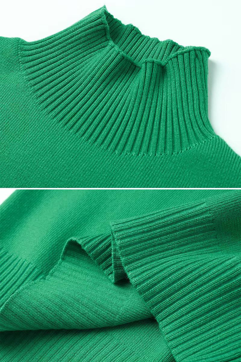 Close-up view of green knitted turtleneck from the Knitted Turtleneck Two-Piece Set showing ribbed texture and fabric stretch