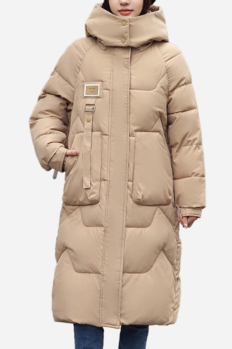 FrostLine Long Coat beige insulated winter coat with hood and large pockets for cold weather travel