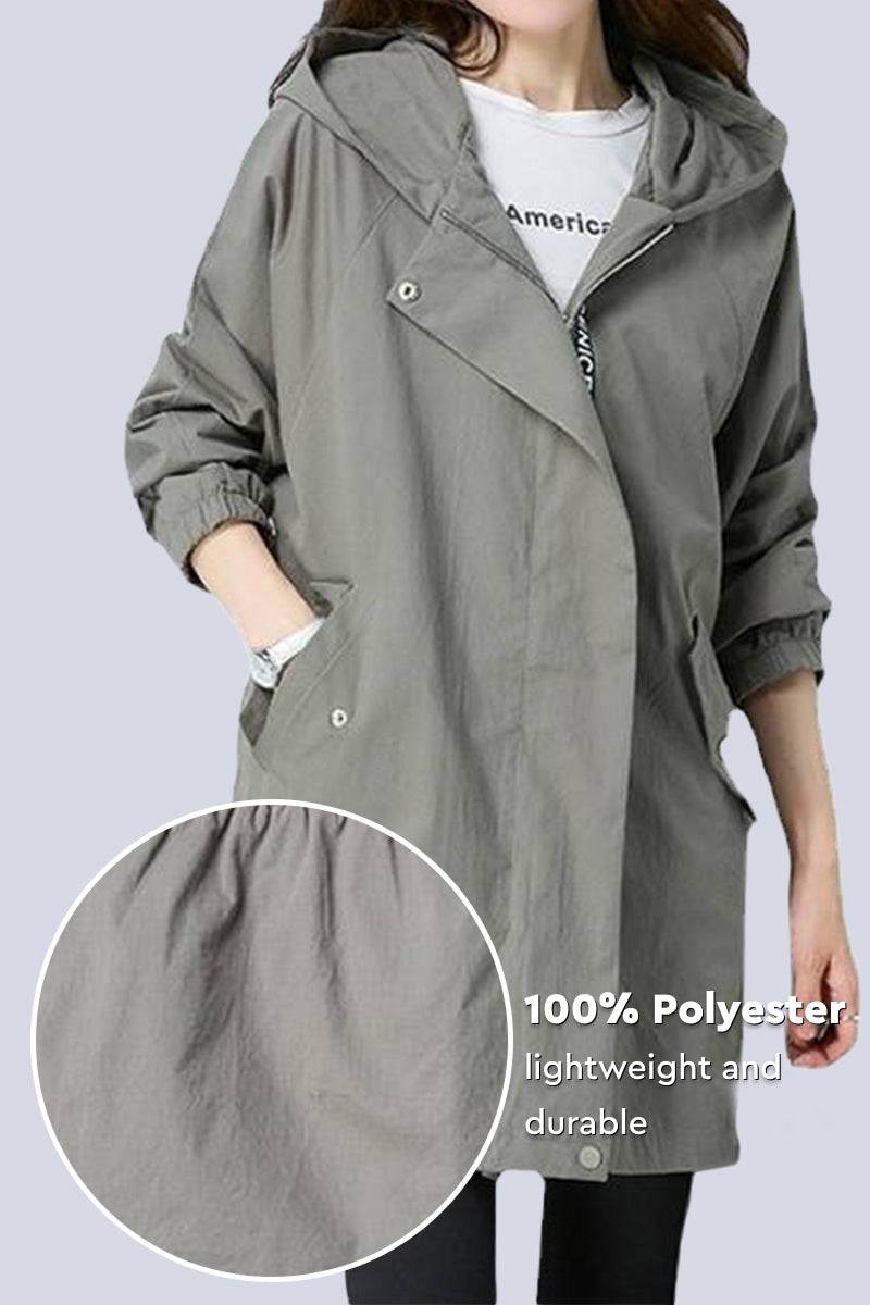 Women wearing gray fashion hooded trench coat made of lightweight wrinkle-resistant polyester fabric