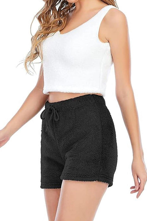 Cloud Soft 4-Piece collection cozy black shorts with white sleeveless crop top lounge set