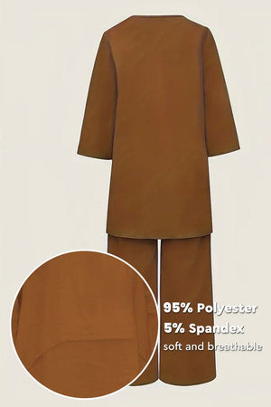 Brown loose drape two-piece set with oversized top and wide-leg pants made of soft, breathable polyester-spandex blend